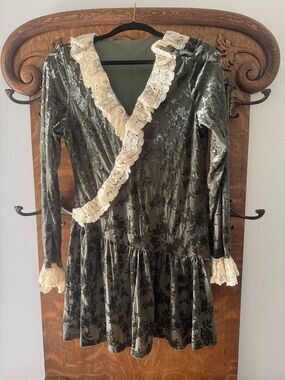 Cider Olive Green Velvet Mini Dress with Cream Lace Trim